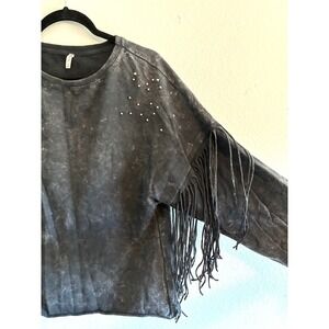 BLUESTEEL Black Distressed Studded Fringe Sweatshirt Pullover Womens Small